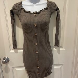 Chic Long Sleeve Ribbed Dress with Button Detail